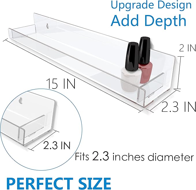 8 Pack 15 Inch Clear Acrylic Shelves, Clear Kids Floating Bookshelf for Kids Room, Modern Nail Polish Rack Sunglasses Essential Oil Picture Ledge Display Toy Storage Wall Shelf-CubbioJoy