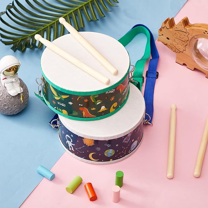 Boao 1 Pc Kids Drum Set, 8 Inch Toddler Drum Wooden Toy with Adjustable Strap and 4 Drumsticks, Educational Sensory Musical Instrument for Toddlers Kid Baby Boys Girls Gift (Dinosaur)-CubbioJoy