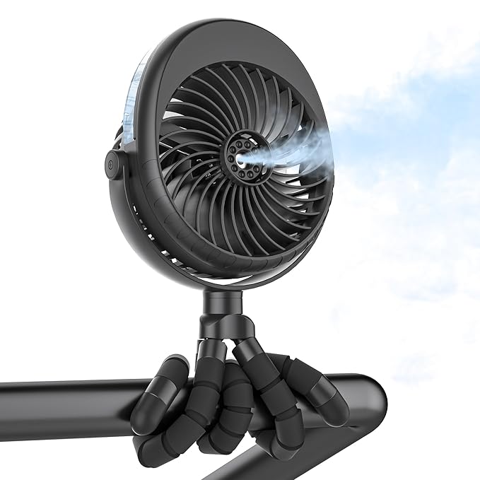COMLIFE Misting Baby Stroller Fan, Rechargeable Battery Operated, 270° & 360° Pivoting, 50ml Portable Water Sprayer Misting Fan with Flexible Tripod Clip on Car Seat Crib Treadmill Bunk Bed-CubbioJoy
