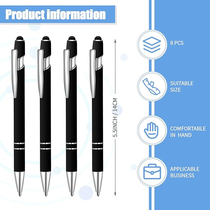8 Pieces Ballpoint Pen with Stylus Tip Black Ink 2 in 1 Stylus Metal 1.0 mm Medium Point Smooth Pen Rainbow Colorful Rubberized Ballpoint for Touch Screen Tablet(Black)-CubbioJoy