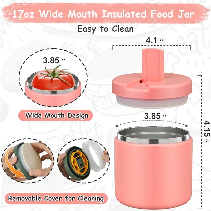 19oz Insulated Vacuum Food Jar with Buckle Lid Wide Mouth Soup Thermo for Hot Food Kids Leakproof Stainless Steel Lunch Container- Pink-1Pack-CubbioJoy