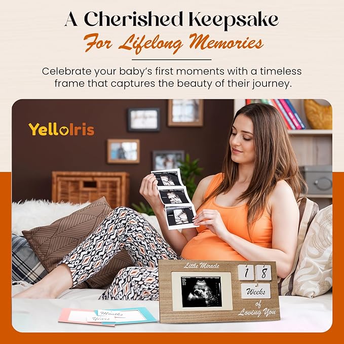 Brown Ultrasound Sonogram Picture Frame with Milestone Tracker – Elegant Wooden Keepsake for Expecting Parents – Nursery Décor Gift for New Moms – Countdown Tiles Included – 12" x 6" Design-CubbioJoy