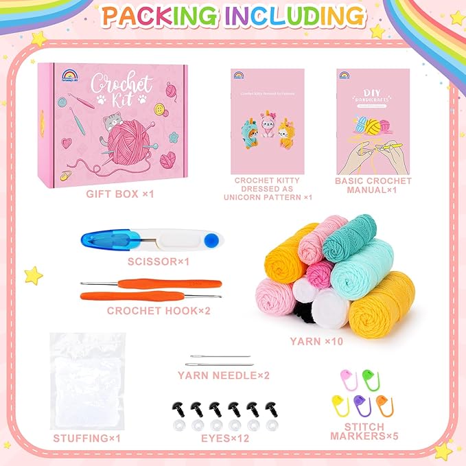 Crochet Kit for Beginners - 3 PCS Unicorn Cat Crochet Kits with Step-by-Step Video Tutorials, Beginner Crochet Kit for Adults Kid, Crochet Animal Kit for Starters, Cat Dressed as Unicorn Set-CubbioJoy