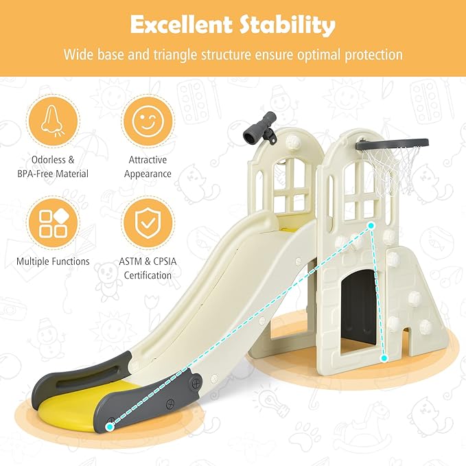 BABY JOY Toddler Large Slide, 6 in 1 Slide for Kids with Basketball Hoop, Ring Toss, 2 in 1 Convertible Climbing Way, Freestanding Kids Slide Climber Set for Indoors Outdoor Boys Girls Gifts Present-CubbioJoy