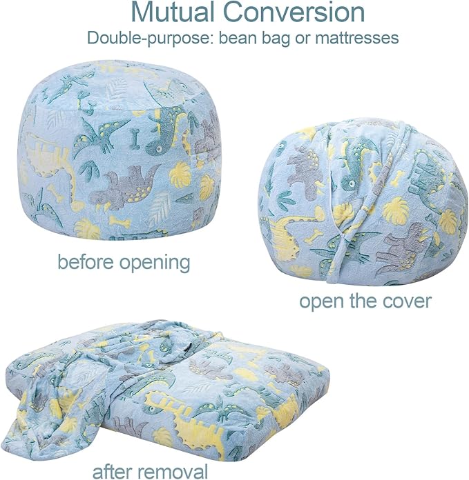 Bean Bag Chair for Kids, Toddler Beanbag Bed Unicorn, Convertible Children Bean Chair to Floor Mattress with Filler, Stuffed Child Bean Bags for Girl Boy Sleeping, Blue Dino-CubbioJoy
