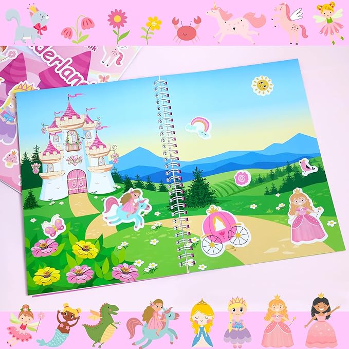Jelly Sticker Books for Toddlers 2-4 Travel Essentials, Reusable Sticker Book + 8 Scenes + 2 Matching Games + 51 Large Princess Stickers for 1-3 Toddler Activities (Wonderland)-CubbioJoy