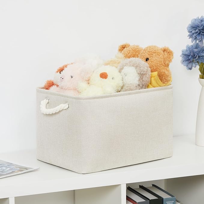 Bidtakay Baskets Collapsible Large Toy Storage Baskets for Organizing Set of 3 Closet Organizer Linen Cream Storage Bins 15 X 11 X 9.5 Inch Shelf Organizer Bins for Nursery Storage (Light Beige)-CubbioJoy