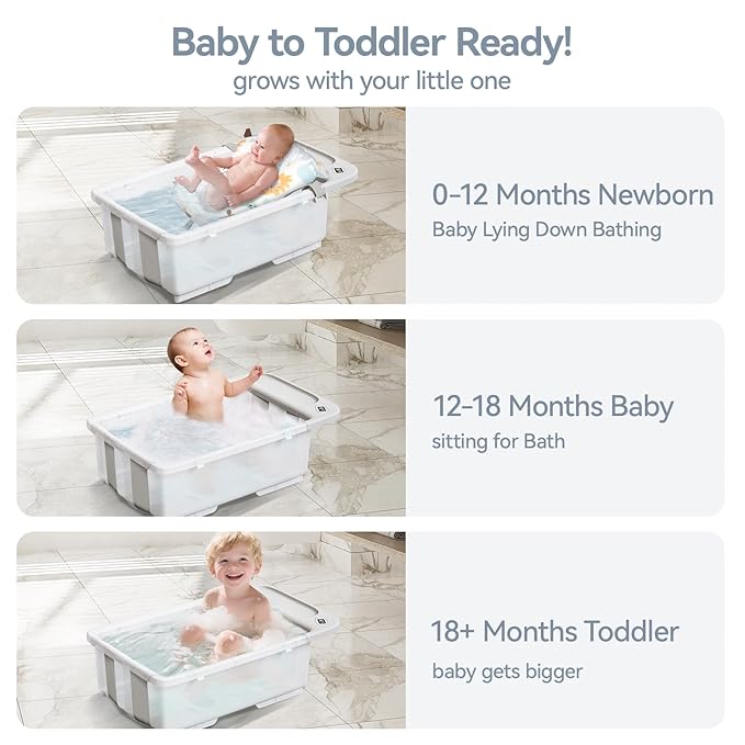 Collapsible Baby Bathtub with Stand - Large Capacity Baby Bath Tub with Thermometer & Soft Cushion | Portable Travel Newborn Infant Bathtub | Foldable Toddler Bathtub for Baby 0 to 36 Months-CubbioJoy