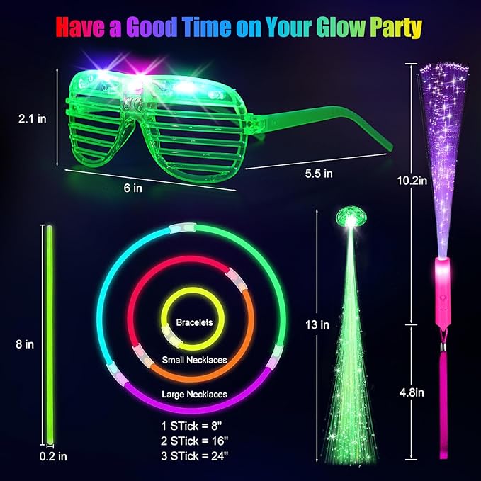 148 PCS Glow in the Dark Party Supplies, 16 Fiber Optic Wands, 14 LED Glasses, 100 Glow Sticks and 18 LED Hair Clips Fiber Optic for Neon Party, Wedding, Birthday, Concert, New Year-CubbioJoy