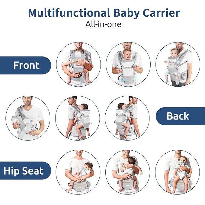 Baby Carrier with Hip Seat,Ergonomic M Position 6in1 Baby Carrier Newborn to Toddler,Head Support and Breathable Mesh Newborn Carrier,Adjustable Baby Holder Carrier for Dad&Mom-Grey-CubbioJoy