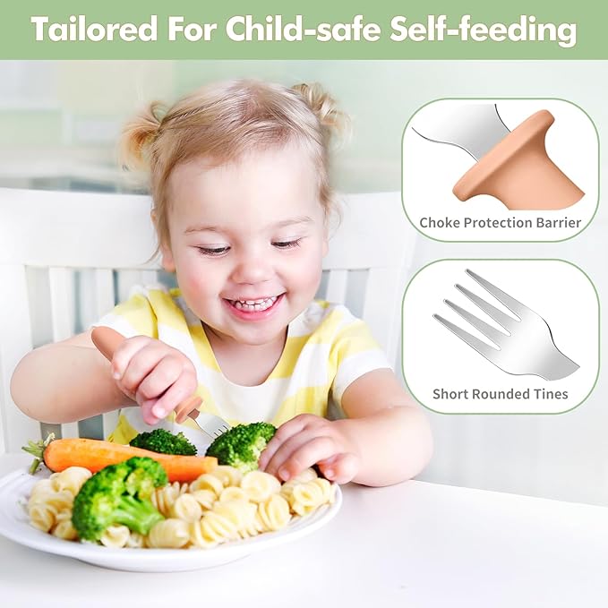 DRKIO 8 Pieces Toddler Forks Set - Baby Forks with Silicone Handle Children safe 18/8 Stainless Steel Toddler Utensils Set for Self Feeding Kids Silverware Anti-Choke Design Food Grade Dishwasher Safe-CubbioJoy