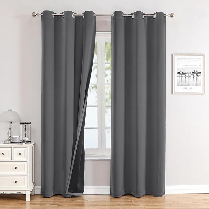 ChrisDowa 100% Blackout Curtains 72 inch Long for Bedroom with Black Liner, 2 Thick Layers Total Blackout Thermal Insulated Grommet Window Curtains 2 Panels Set (Grey, 42 x 72 Inch)-CubbioJoy