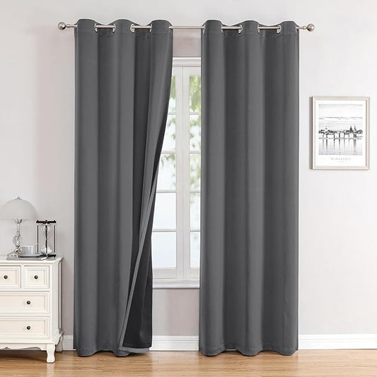 ChrisDowa 100% Blackout Curtains 84 inch Long for Bedroom with Black Liner, 2 Thick Layers Total Blackout Thermal Insulated Grommet Window Curtains 2 Panels Set (Grey, 38 x 84 Inch)-CubbioJoy