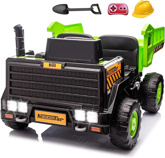 24V Ride On Dump Truck, 24inch-2 Seater Ride On Car for Kids w/Remote Control 4WD/2WD Up to 5 Mph, 24v Ride on Toys for Big Kids w/Electric Dump Bed Extra Shovel Traffic Cones (Green)-CubbioJoy