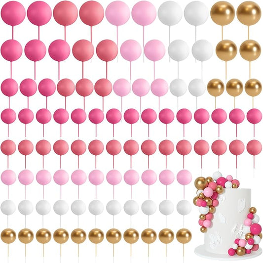 75 Pieces Cake Balls Topper Decorations Foam Cupcake Topper Mini Balloon Balls Cake Picks for Deco Birthday Party Wedding（Pink White Gold Series）-CubbioJoy