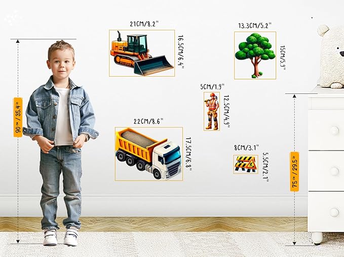Construction Car Wall Decals for Boys by Lipastick - Road, Trucks, Tractors, Excavators Wall Stickers for Kids Bedroom, Nursery, Playroom - Peel and Stick Transport Themed Wall Decals - L Size-CubbioJoy