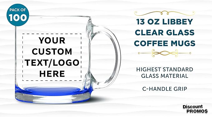 Custom Clear Glass Coffee Mugs 13 oz. Set of 100, Personalized Bulk Pack - Perfect for Coffee, Tea, Espresso, Hot Cocoa, Other Beverages - Blue Bottom-CubbioJoy
