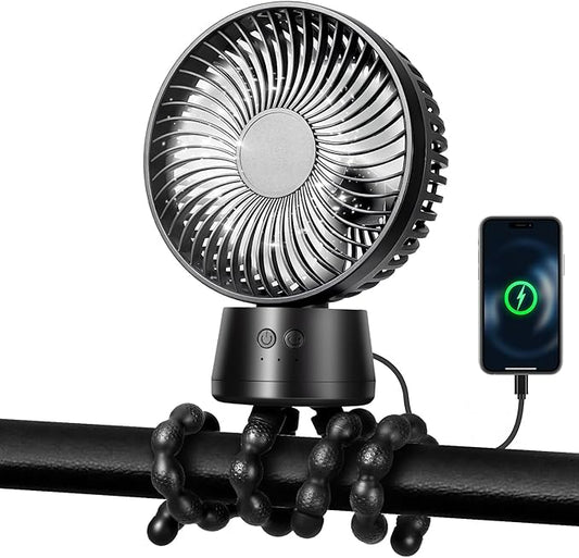 50H Portable Stroller Fan, 15000mAh Ultra-Long Battery Powered Rechargeable Personal Fans, Tripod Clip Fan with Auto Rotation，3 Speed Desk Handheld Cooling for Travel Car Seat Bedroom-CubbioJoy