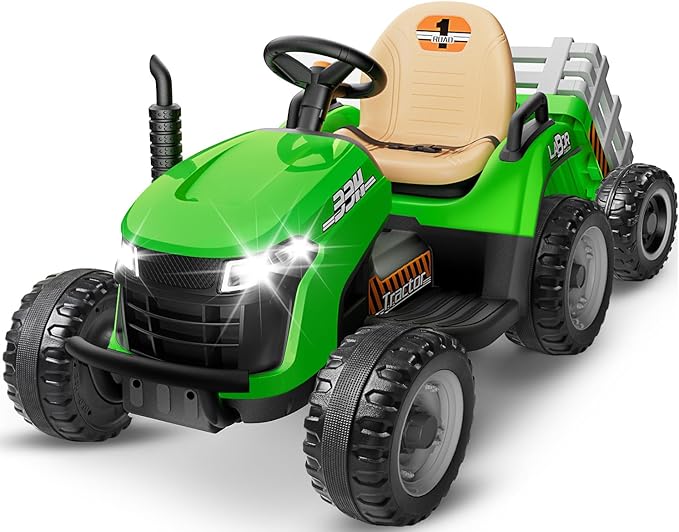 24V Ride On Tractor w/Tiltable & Detachable Trailer, 2x65W Motors, EVA Tires, Remote Control, Bluetooth, Shifter, Music, Electric Car for Kids, Green-CubbioJoy