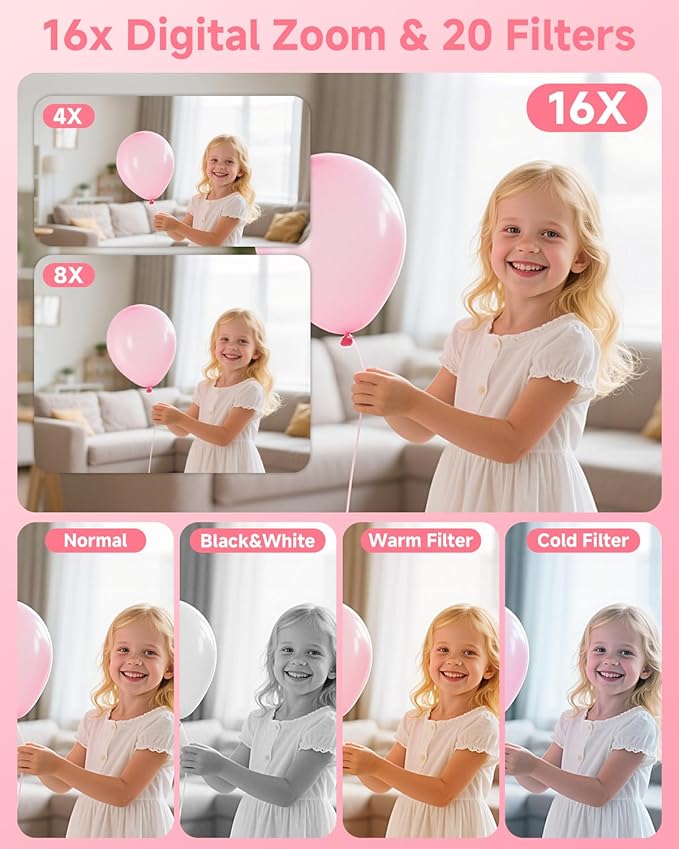 Digital Camera, 44MP FHD 1080P, 16X Zoom, 32GB SD Card, Compact Camera for Kids Teens Adults, Pink-CubbioJoy