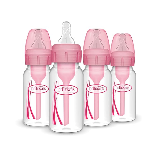 Dr. Brown's Natural Flow Anti-Colic Options+ Narrow Baby Bottle, 4 oz/120 mL, with Level 1 Slow Flow Nipple, Pink, 0m+, 4 Pack-CubbioJoy