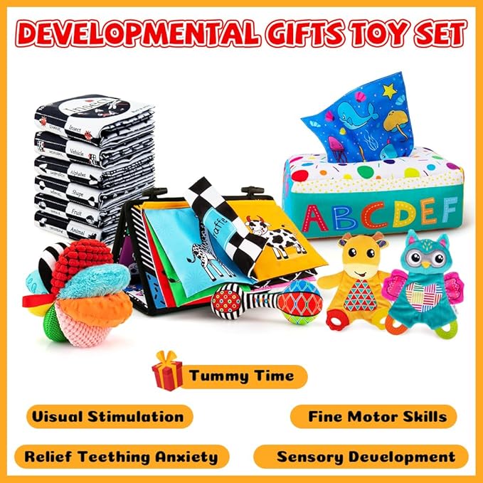 Baby Gifts Set,Infant Toys Set with Tummy Time Mirror,Plush Teethers,High Contrast Baby Books,Rattle,Tissue Box Toy,Sensory Ball for Boys Girls,Perfect Sensory Toys Gifts Basket for Shower Birthday-CubbioJoy