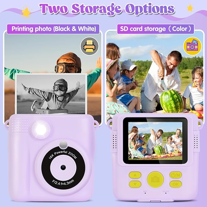 Instant Print Camera for Kids - 2.4 Inch Kids Camera Instant Print with Paper & 32G Card- Digital Children Toys as Christams Birthday Gifts for Girls Boys Age 3-12 - Purple-CubbioJoy