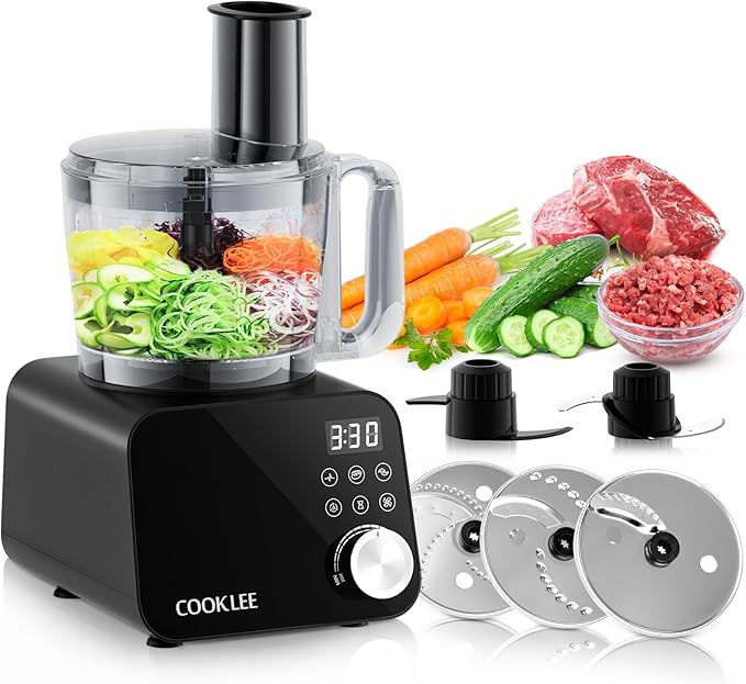 COOKLEE Food Processor, 600 Watts, 6 Functions Electric Food Chopper for Chopping, Mincing, Dicing, Shredding, Slicing, Purees & Dough with 12cup Processor Bowl, Food Chute & Pusher, Black-CubbioJoy