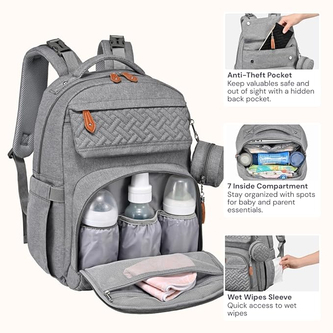 BabbleRoo Diaper Bag Backpack, Travel Backpack with Changing Pad, Pacifier Case & Stroller Straps, Multifunction, Waterproof, Unisex – Light Gray-CubbioJoy