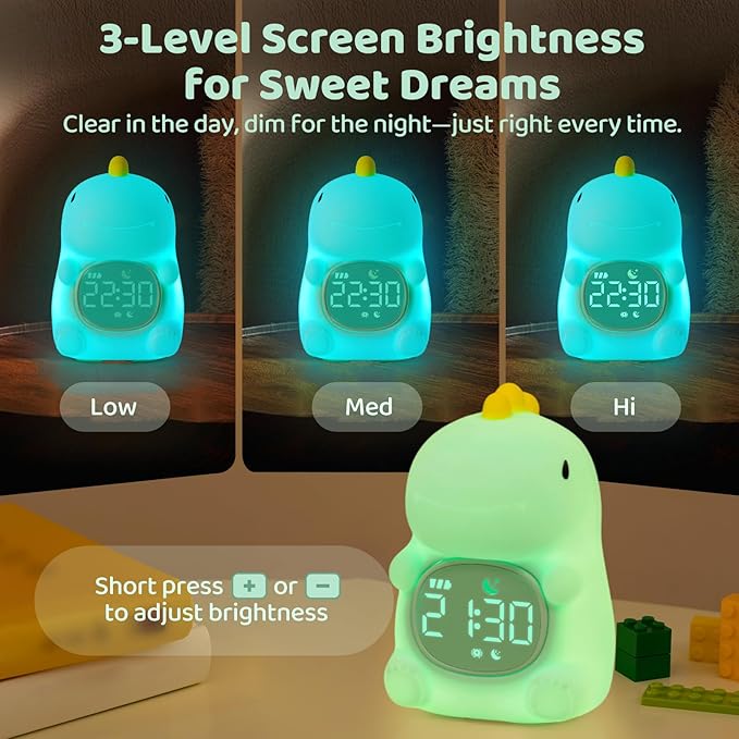 Dinosaurs Alarm Clock with Night Light for Kids with Sleep Training and Sound Machine, Rechargeable Silicone Lamp OK to Wake Clock，Cute Animal Tabletop Lamp, Perfect Sleep Companion for Boys Girls-CubbioJoy