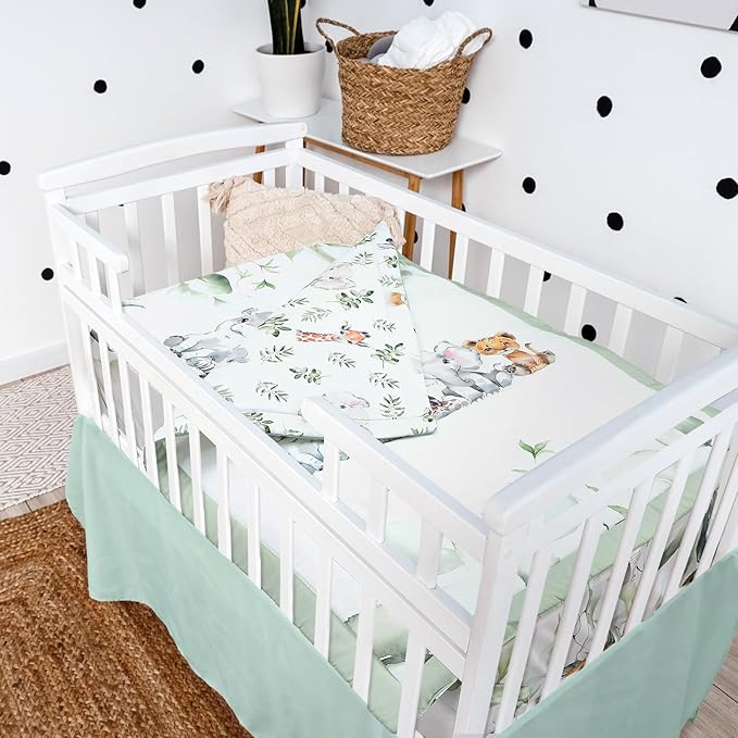 3 Pcs Baby Crib Bedding Set Safari Animals Dinosaurs Bear Woodland Animals Jungle Crib Set Includes Quilt, Fitted Sheet, Skirt for Baby Boy Girl(Light Blue,Safari)-CubbioJoy