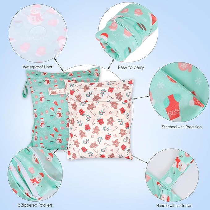 2pcs Travel Waterproof Laundry Bag, Cloth Diaper Wet Dry Bags with Handle & 2 Zipper Pockets, Reusable Washable Dirty Clothes Bag for Baby Adult Travelling Hanging, Bathing Beach Pool Daycare-CubbioJoy
