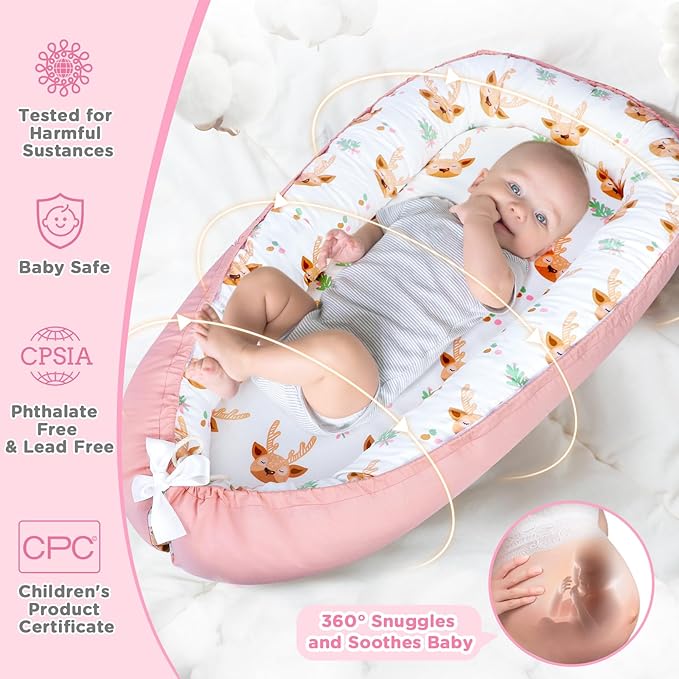 Baby Lounger - Baby Lounger for Newborn 0-24 Months, Breathable and Soft Cotton Cover Baby Nest, Portable Cozy Tummy Time Lounger for Home and Travel, Ideal Baby Essentials & Shower Gifts-CubbioJoy