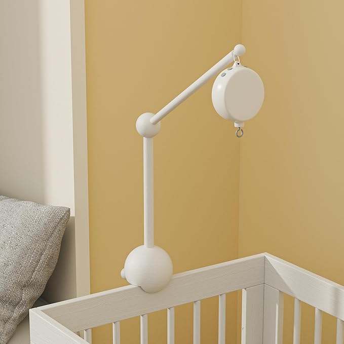 Crib Mobile Arm with Music Box,32.5 Inch White Crib Mobile Stand,Wooden Mobile Arm for Crib (2 Modes,360°Adjustable,100% Beech Wood) Baby Crib Mobile for Boy and Girl-CubbioJoy