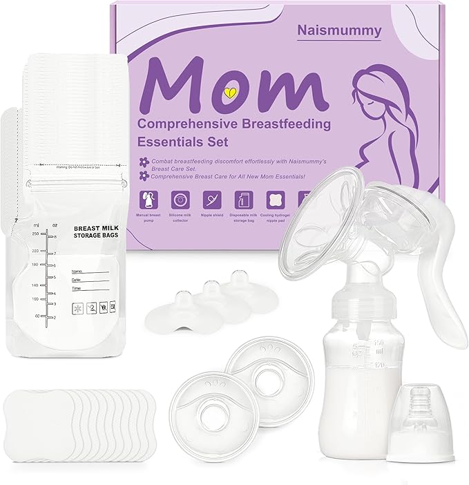 Breastfeeding Essentials Kit for Nursing Moms - Manual Breast Pump, Nipple Shields, Milk Collectors, Breastmilk Storage Bags, Soothing Gel Pads for Breastfeeding Newborn Relief for Sore Nipples 37 Pcs-CubbioJoy