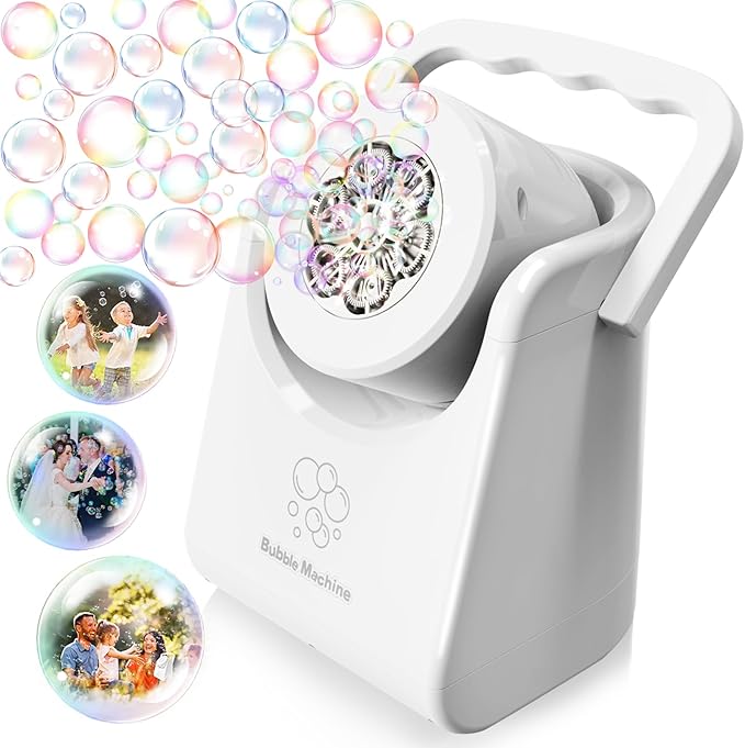 Bubble Machine Automatic Bubble Blower for Kids Batteries Operated Portable Bubble Maker Electric Bubble Machine Adjust Angle by 90° Indoor Outdoor Toy for Birthday Party Wedding (Portable White)-CubbioJoy