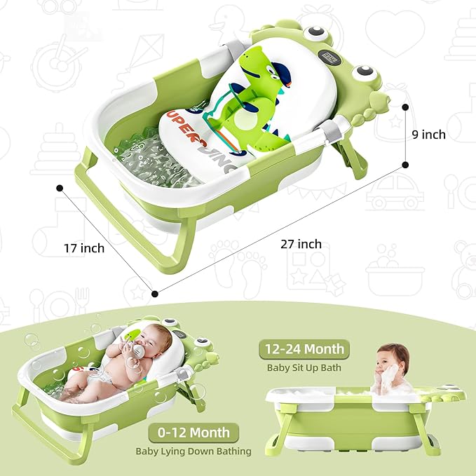 Collapsible Baby Bathtub for Newborns to Toddler with Real-time Temp Monitor & Floating Cushion,Portable Travel Tub for 0-36 Month, Foldable Baby Bath Tub for Infants(Green)-CubbioJoy