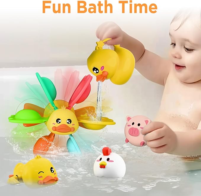 iPlay, iLearn Baby Duck Bath Toy, Toddler Bathtub Suction Water Spinner Gear, Kid Shower Fishing Game W/ Net, Light up Animal, Wind up Swimming Duck, Birthday Gift 6 9 12 Month 1 2 3 Year Old Boy Girl-CubbioJoy