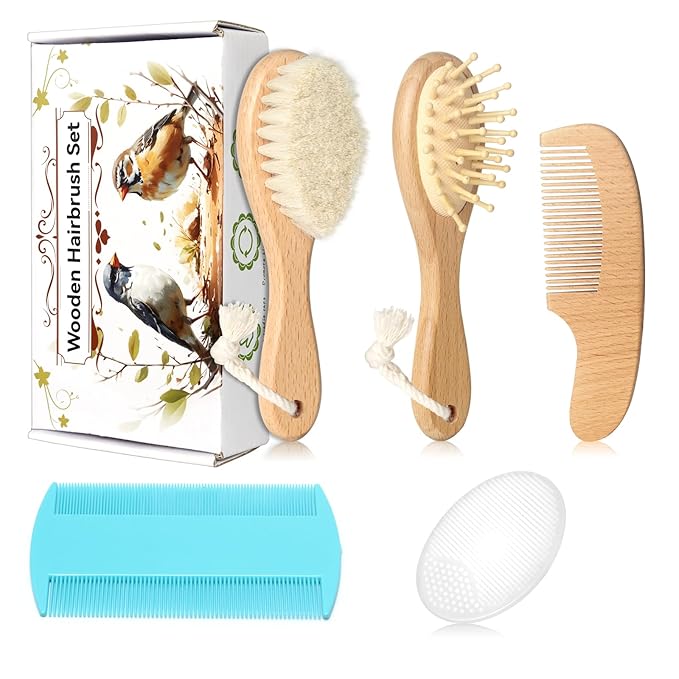Baby Hair Care Kit, 5 in 1 Wooden Natural Goat Bristles Brush Cradle Cap Comb Baby Grooming Kit for Newborns Toddlers Boys Girls Gift-CubbioJoy