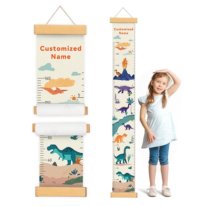 Customize Name Canvas Growth Chart for Kids, Dinosaur Unisex Kids Room Wall Decor, Measuring Height Chart, Wall Tape with Height Chart for Kids, Foldable Height Tracker, Lightweight-CubbioJoy