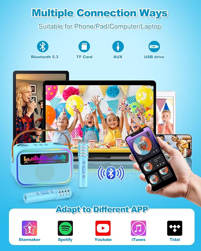 Karaoke Machine for Kids Adults, Birthday Gifts Toys for Girls Boys Age 3-12+,Mini Portable Bluetooth Singing Speaker with 2 Wireless Microphones & LED Lights (Blue)-CubbioJoy