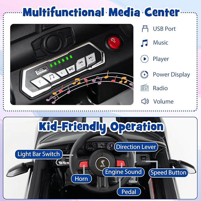 Costzon Ride on Car, 12V Licensed Ford Mustang Shelby GT500 Kids' Electric Vehicles w/Remote Control, USB Port, Radio, Music, Player, High Low Speed & Soft Start, Racing Kids Car for Toddler (Black)-CubbioJoy