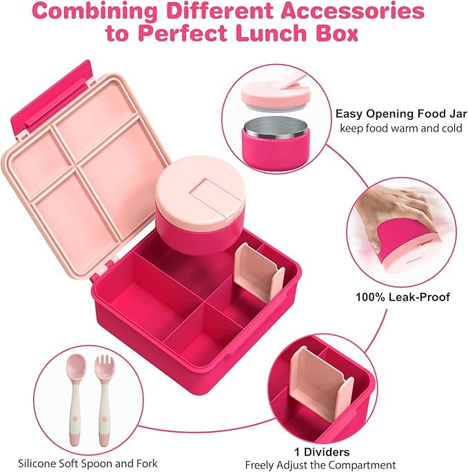 Bento Lunch Box with 8oz Soup Thermo, Kids Leakproof Lunch Food Containers with 4 Compartment, Kids Thermo Insulated Hot Food Jar for School, Trvael - (Pink)-CubbioJoy