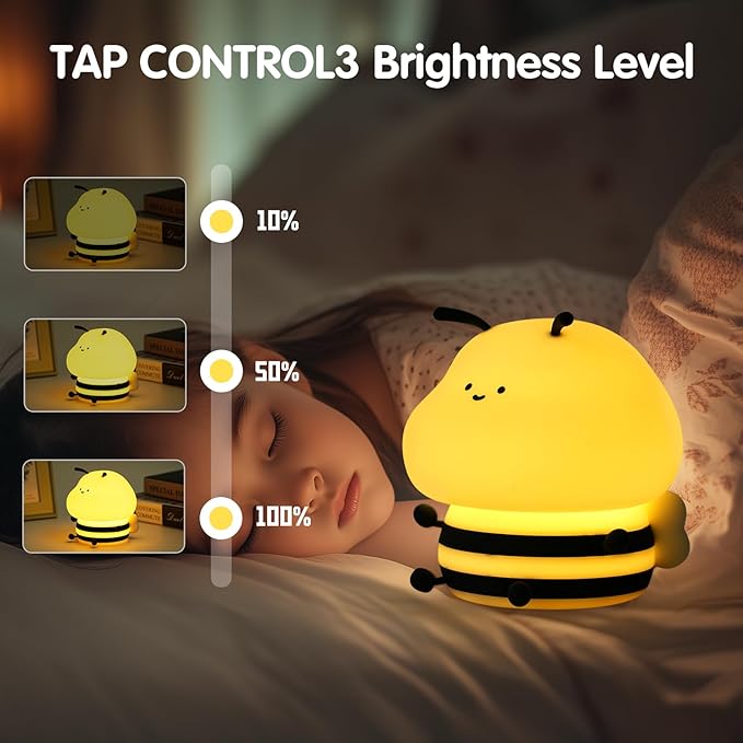 Bee Night Light for Kids,Cute Squishy Silicone Nursery Night Lamp Kawaii Animal Bedside Nightlight with 7 Colors 3 Levels Dimmable Tap Control Rechargeable Nightlights for Kids, Room Decor-CubbioJoy