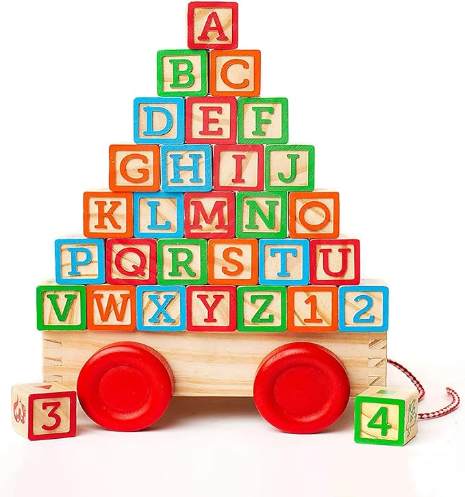 Building Blocks for Toddlers 1-3 Years Old, 30 Large Stackable Wooden Baby Blocks with Alphabet and Number Icons on Every Side, Toy Wagon Included﻿-CubbioJoy