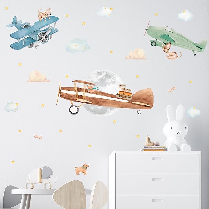 Airplane Wall Decals by Lipastick - Wall Decals for Boys Bedroom, Watercolor Vintage Plane Stickers for Kids, Boys Room, Baby Nursery, Toddler Decor - Premium Vinyl Aircraft Art-CubbioJoy