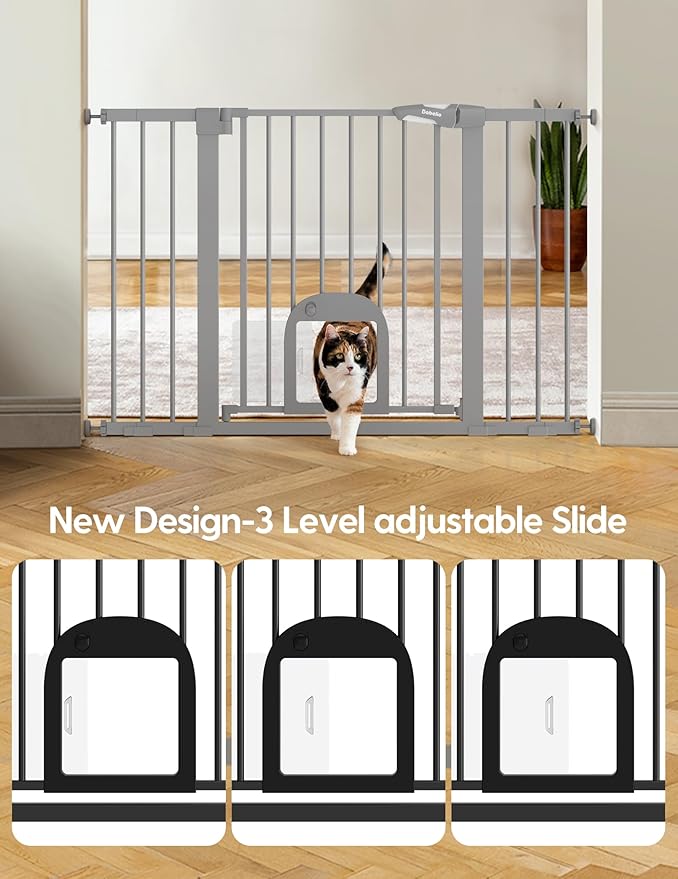 Babelio 29-48" Extra Wide Baby Gate with Adjustable Cat Door,Easy Install Pressure/Hardware Mounted,Auto Close Pet door for Stairs,House,Doorways,Effortless Walk Thru,Gray-CubbioJoy