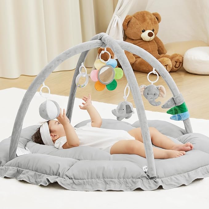 ANGELBLISS 5 in 1 Baby Play Gym Mat, Reversible Tummy Time Mat with 5 Sensory Toys for Stage-Based Developmental, Thick & Large Baby Activity Center from Newborn to Toddler (Grey)-CubbioJoy