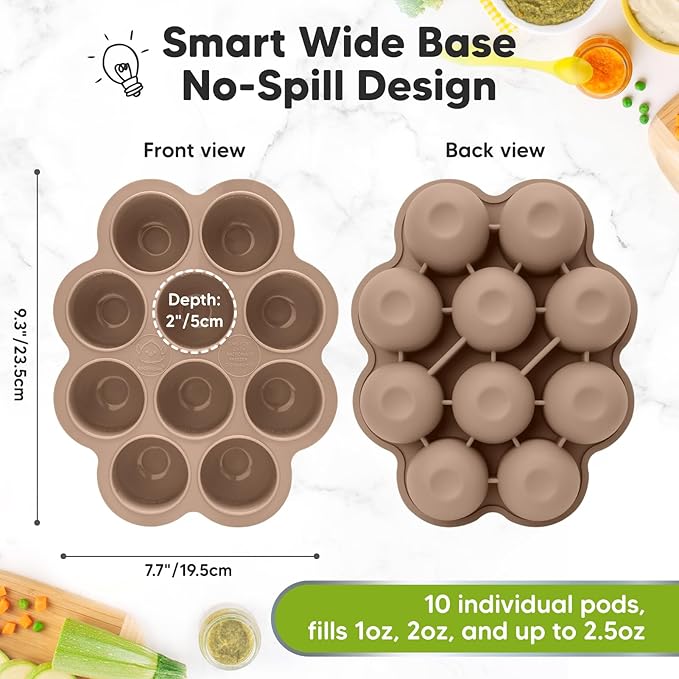 KeaBabies Silicone Food Freezer Trays with Lid, 2oz x 10 Pods Baby Food Storage Containers, Easy Puree Meal Prep, Breast Milk Silicone Freezer Molds, Dishwasher, Microwave Safe,BPA-Free(Chai Latte)-CubbioJoy