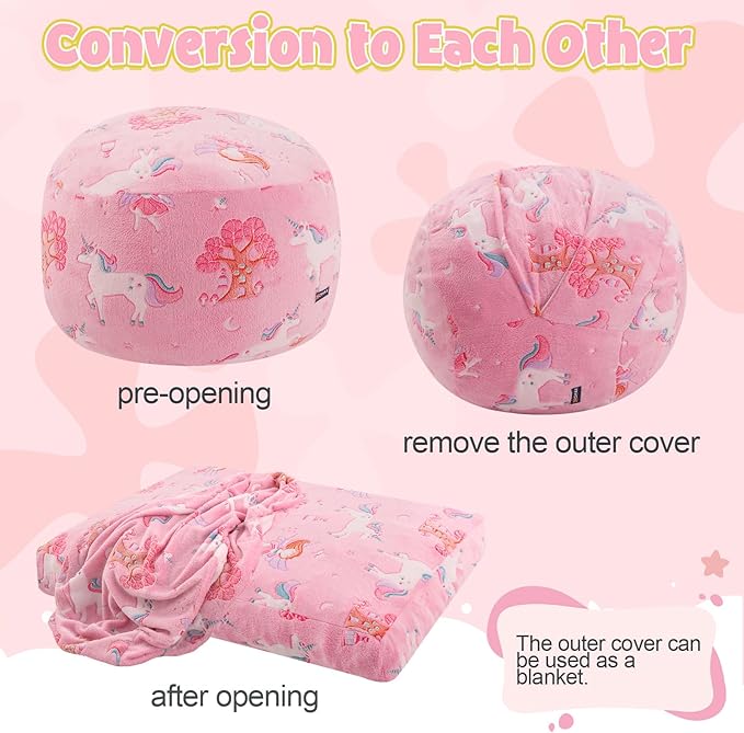 COMAX Kids Bean Bag Chair Turn into Beanbag Bed, Toddler Bean Chair for Girl Boy Sleeping, Lazy Children Bean Bags with Filler, Convertible Child Floor Mattress, Pink Fairy-CubbioJoy